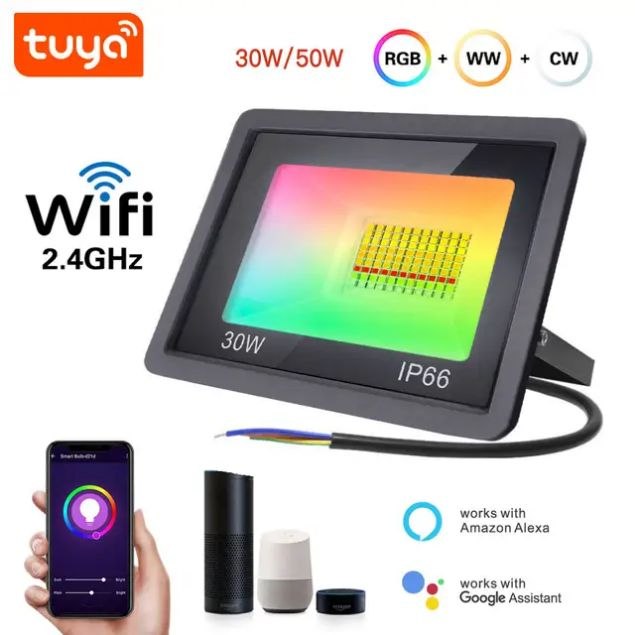 Refletor LED RGBCW Tuya Smart WiFi de 30W para Áreas Externas (IP66) com Função de Música