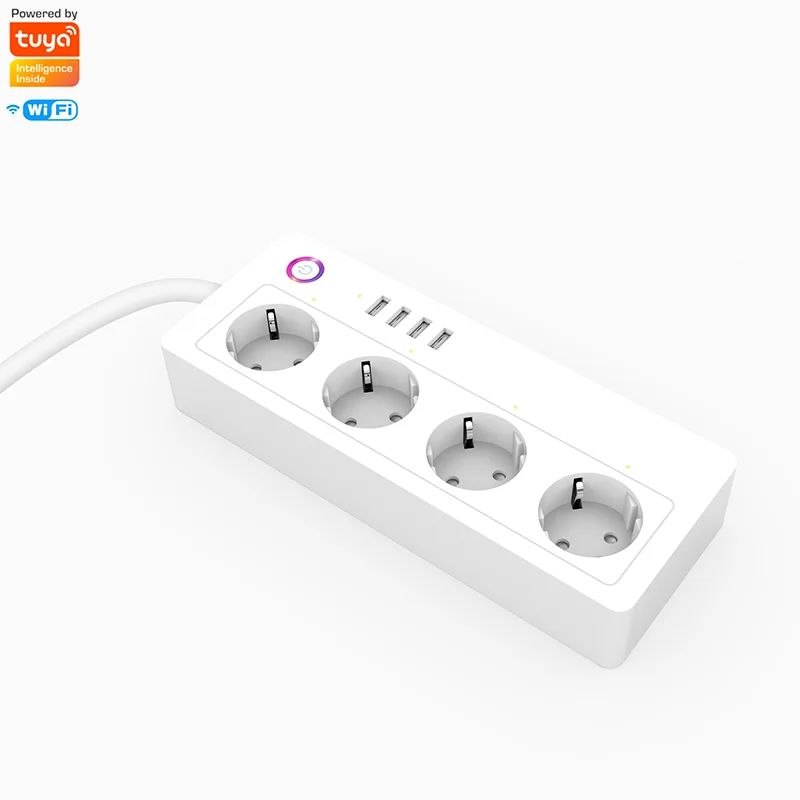 Adaptador de Tomada Inteligente Tuya Smart WiFi (Padrão UE) com 4 Tomadas, 2 Portas USB e 2 Portas Tipo-C
