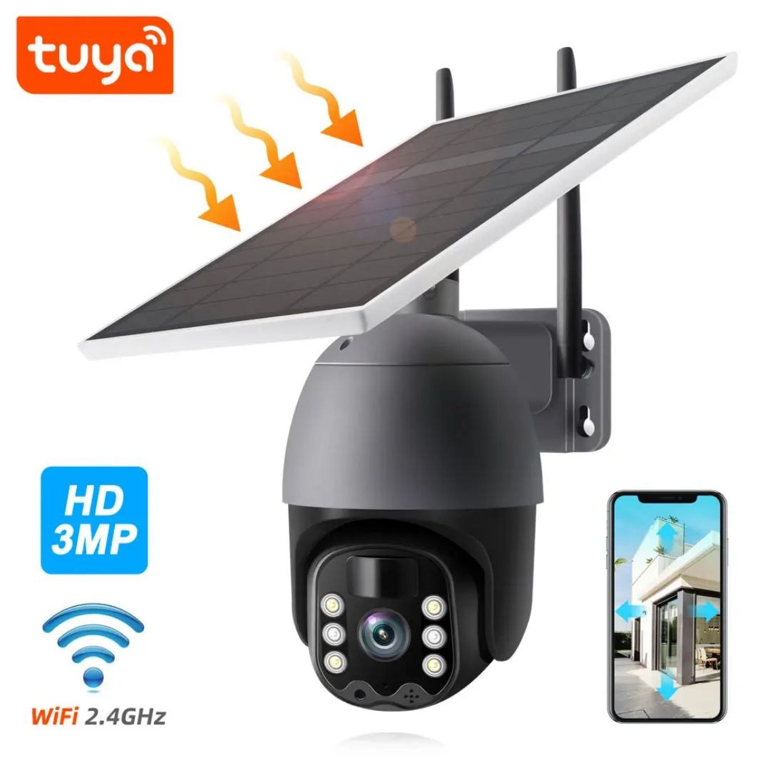 Câmera Solar Tuya Smart WiFi 3MP 8W com Painel Solar 2.5" PTZ HD com Bateria