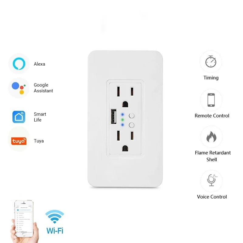 Tomada de Parede Inteligente WiFi de 2 Canais Tuya Smart (Versão EUA) com Carregamento Rápido PD 20W