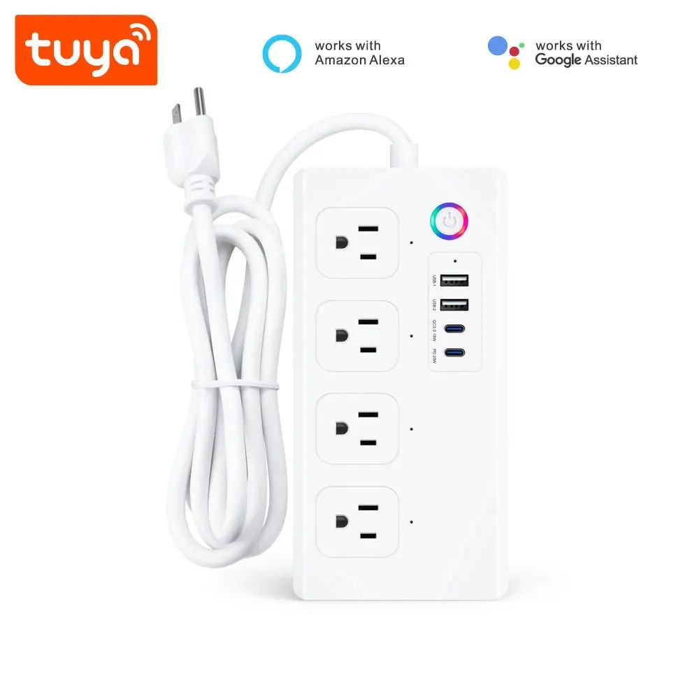 Tomada Inteligente WiFi Tuya (Padrão EUA) com 4 Tomadas, 2 Portas USB e 2 Portas Tipo-C