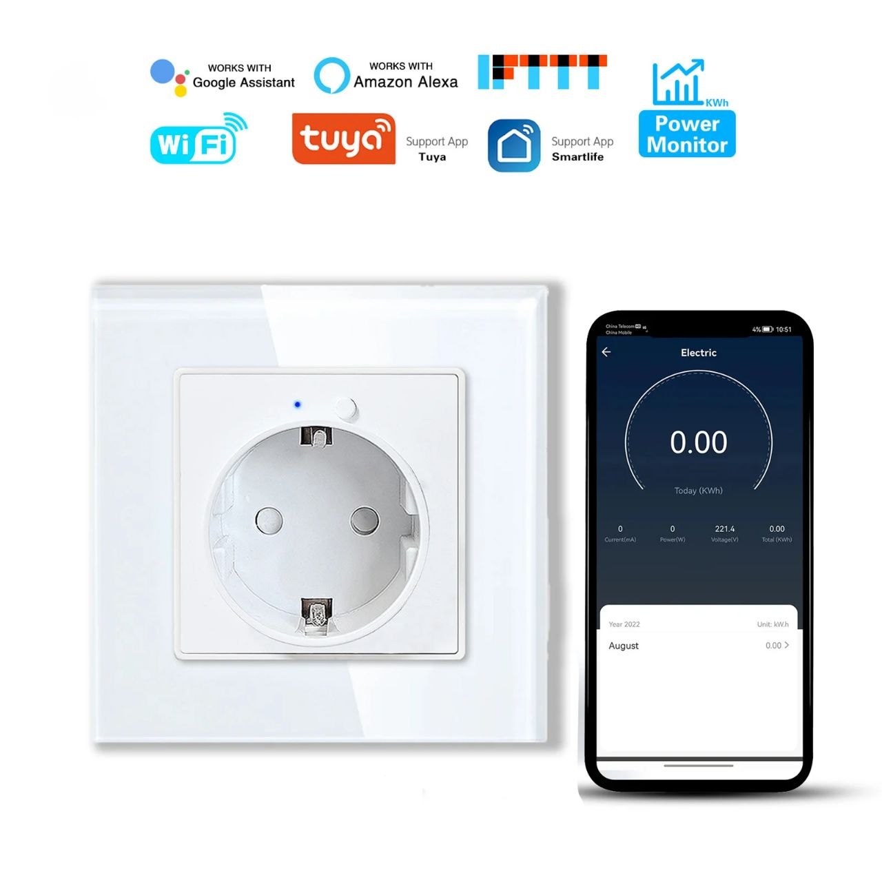 Tomada de parede inteligente Wi-Fi Tuya Smart (padrão UE) com função de medição de energia