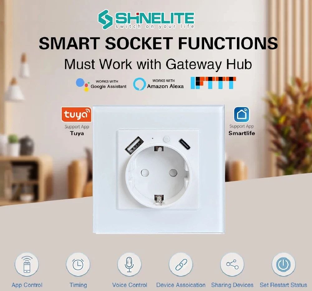 Tomada de parede inteligente Wi-Fi Tuya Smart (padrão UE) com função de medição de energia e portas USB e Tipo C