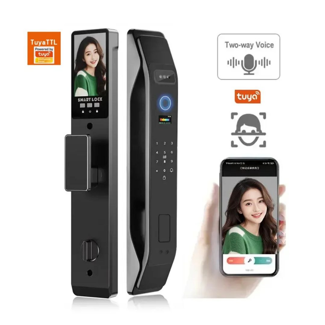 Fechadura Inteligente Tuya com Leitor de Impressão Digital, Face 3D, Interfone e Palma da Mão