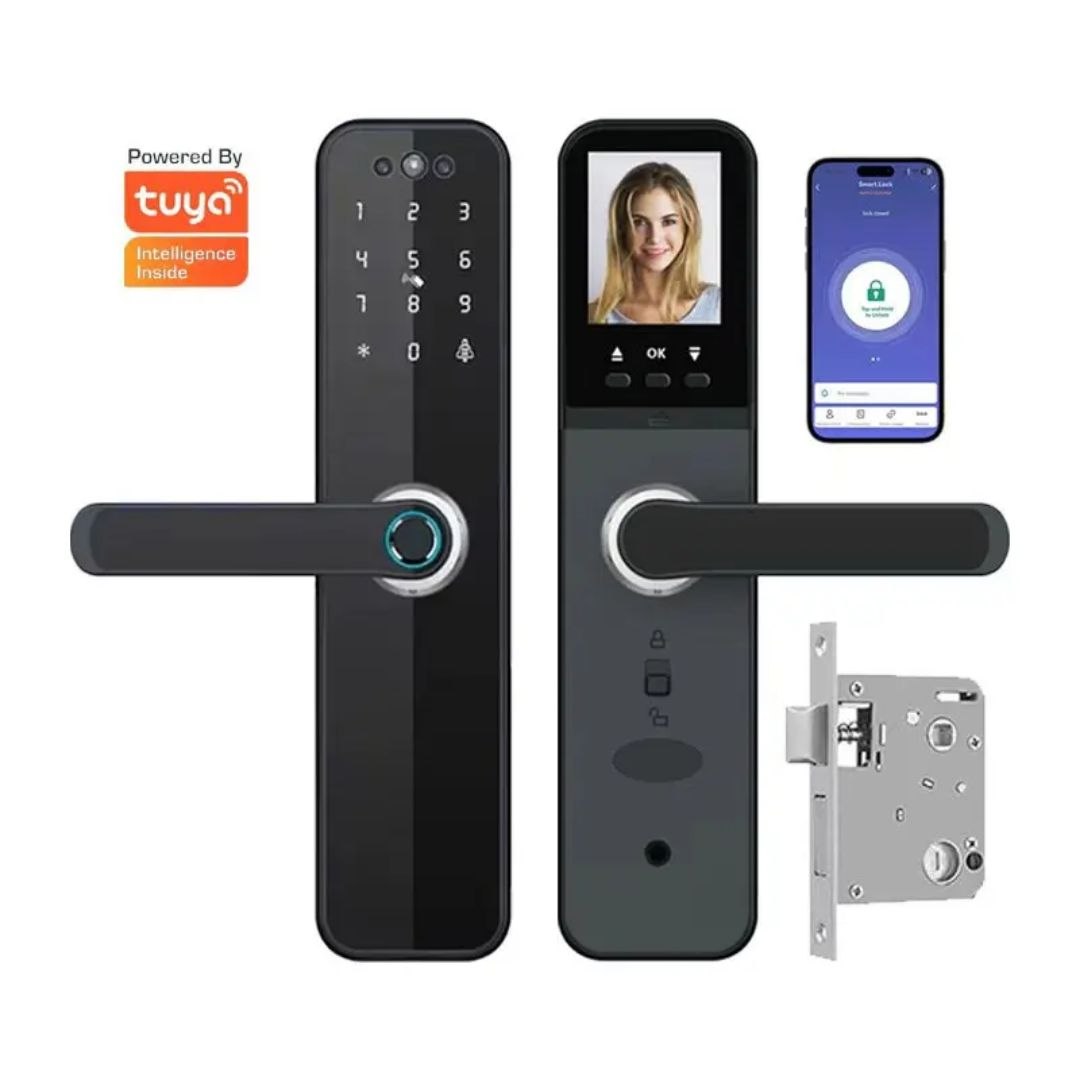 Fechadura Inteligente Tuya com Leitor de Impressão Digital, Câmera Olho de Gato e Tela