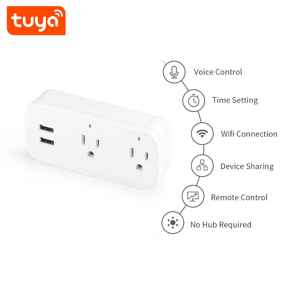 Tomada Inteligente Dupla Wi-Fi Tuya Smart (Padrão EUA) com Porta USB